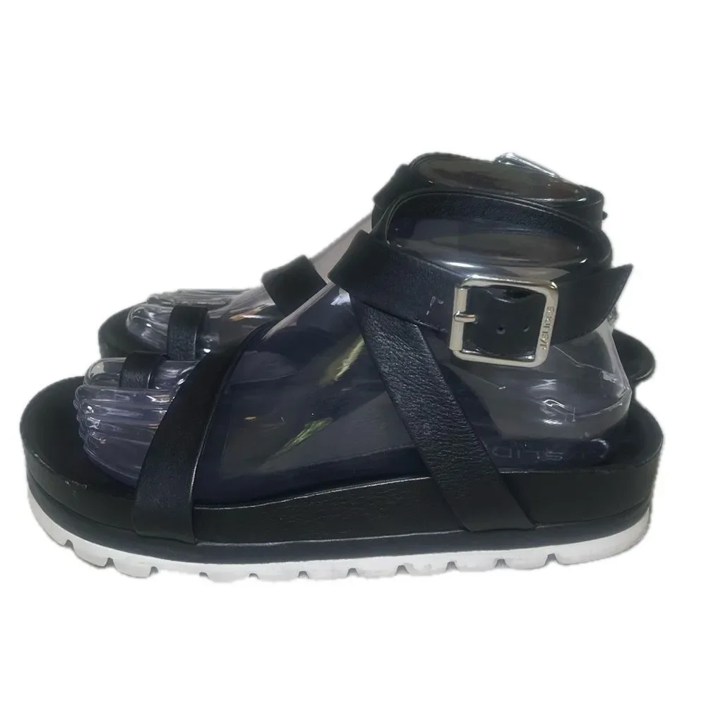J Slides NYC Black Leather Sandals White Bottom Size 7.5